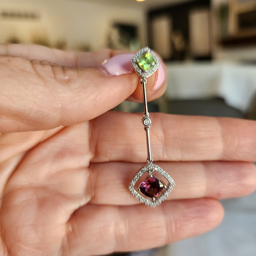 14K White Gold Amethyst, Peridot and Diamond Earrings - Picture 6 of 8